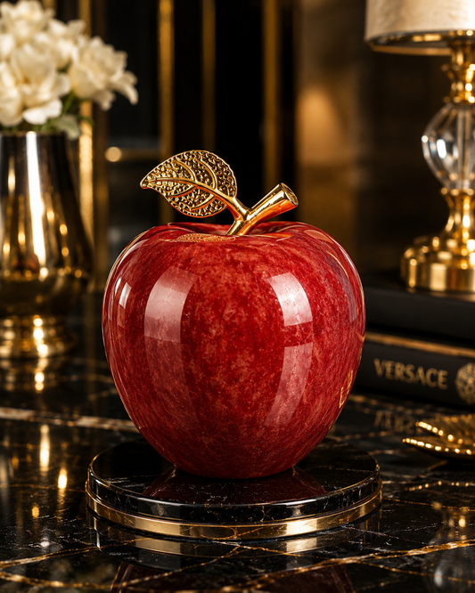 Luxury Red Onyx Stone Apple with Gold Leaf – Handmade Premium Decorative Showpiece