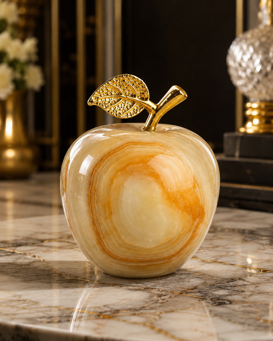 Luxury Handcrafted Natural Onyx Stone Apple with Gold Leaf – Premium Home Decor Showpiece